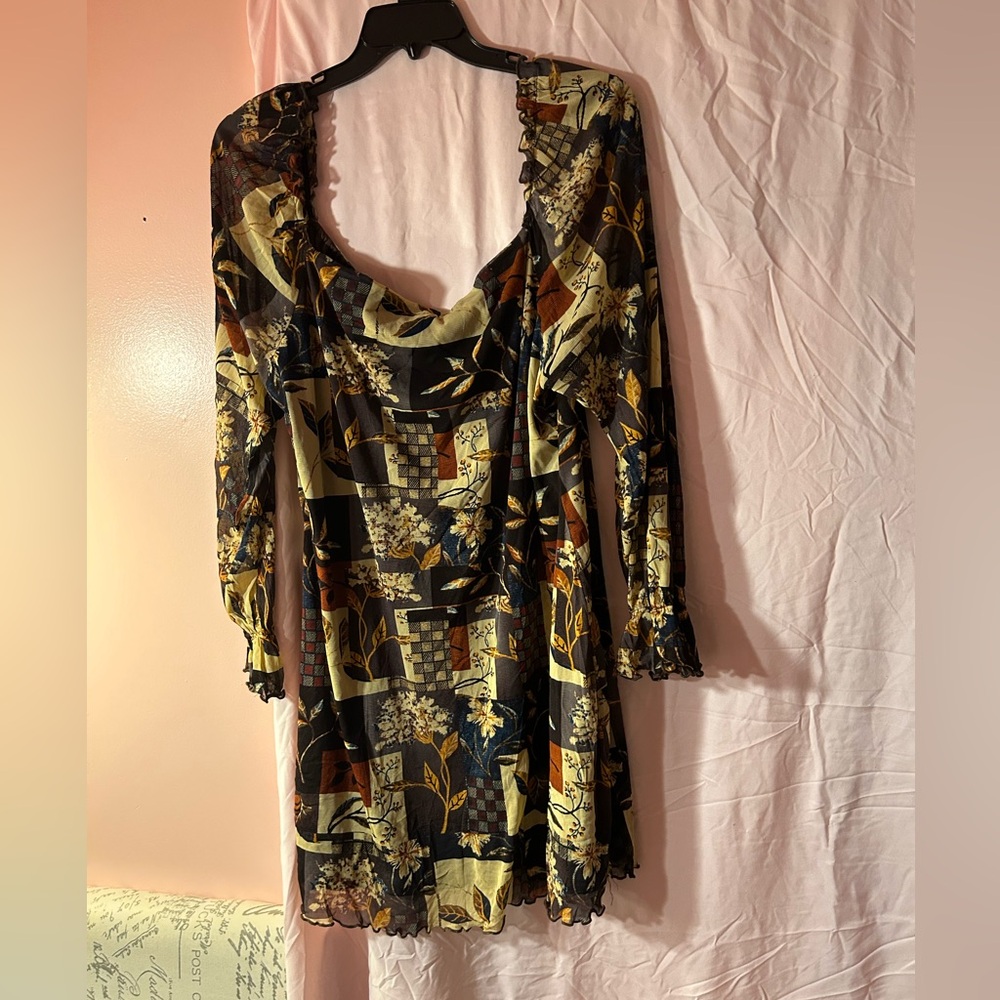 Cider Artistic Autumn Themed Long Sleeve Dress - Brown and Gold